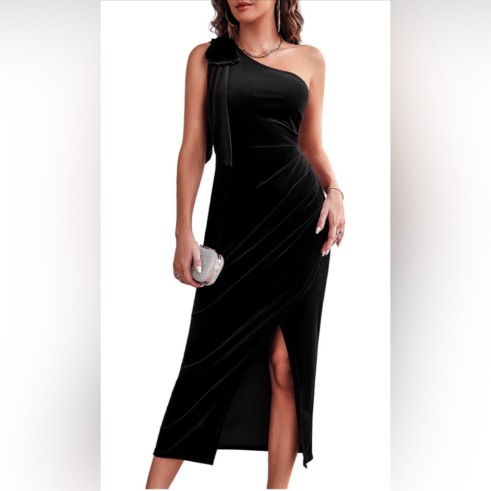 Wenrine Velvet Dresses Slim Fitted Slit Faux Wrap Sexy Bodycon Evening Dress